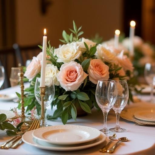 Ett vackert dekorerat bröllopsbord med blomsterarrangemang.